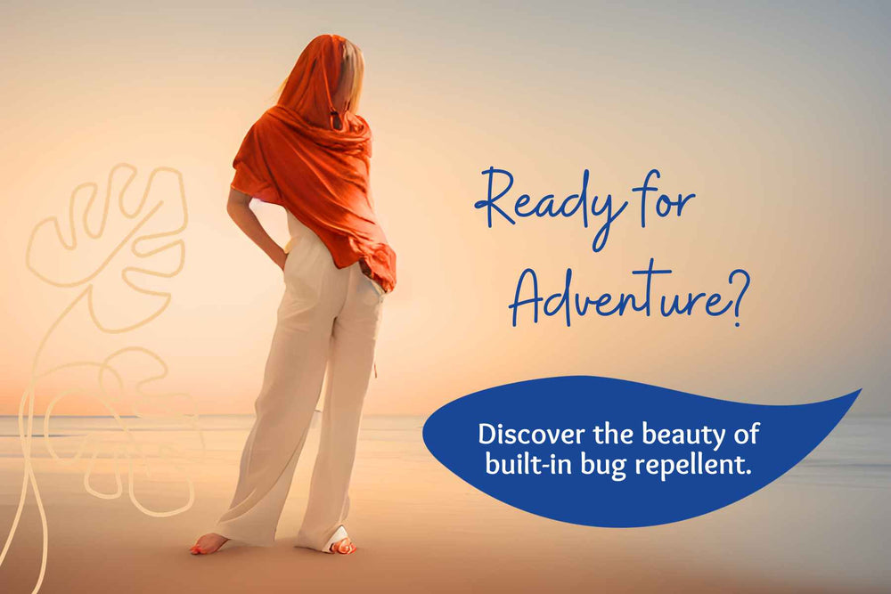 Pang Wangle bug repellent apparel header image with model wearing while flowing pants and an orange wrap with text ready for adventure