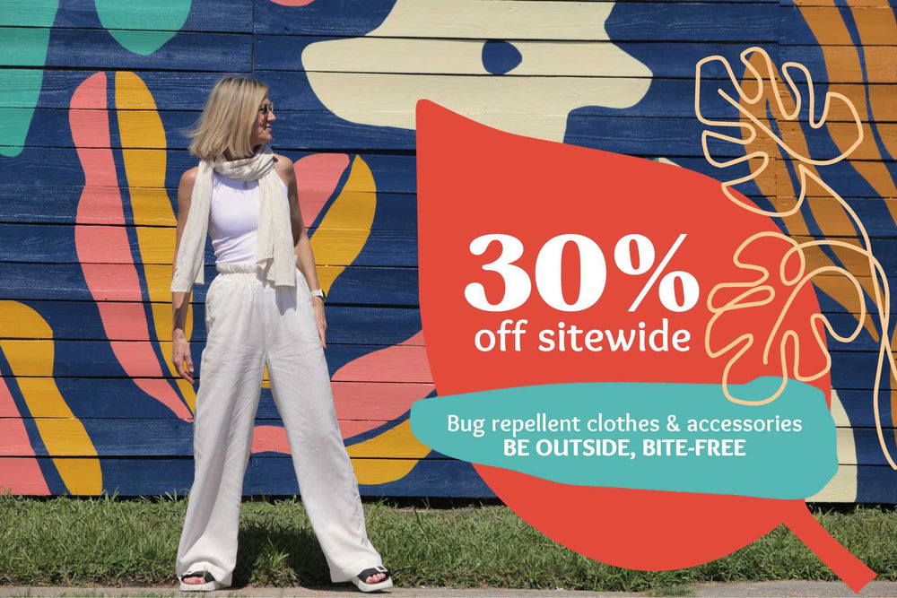 pang wangle insect shield bug repellent apparel banner image with model wearing breezy hemp pants and essential wrap with red graphic that says 30% off