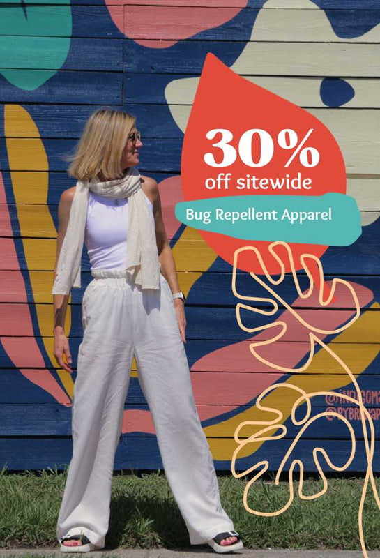 pang wangle insect shield bug repellent apparel banner image with model wearing breezy hemp pants and essential wrap with red graphic that says 30% off