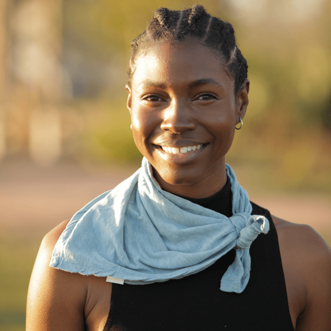 pang wangle insect shield bug repellent bandana in blue tied on the side of model's neck